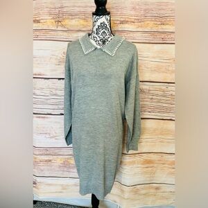 SWNY Women’s Plus Heather Gray Pearl Collar Long Sleeve Sweater Dress 3X NWT
